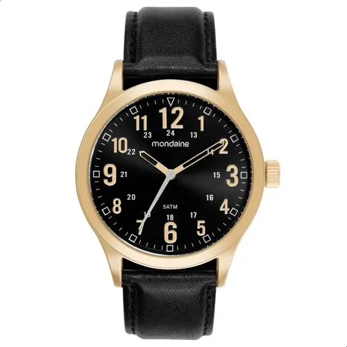 Relógio Mondaine Masculino 99626GPMVDH2 Dourado Analógico Couro Preto Mostrador Preto 5 ATM 50m Cristal Mineral 44mm Casual Social Original