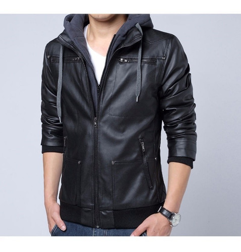 Chaqueta Negra Hombre Cuero Pu Motorcycle Style Biker Hoodie