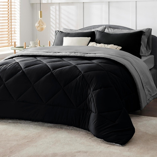 Bedsure Juego De Edredón Negro Queen - Cama Reversible Negra