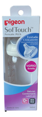 Mamadera Pigeon Softouch Vidrio Boca Ancha 160ML. Para Edades 0+ Meses Blanco
