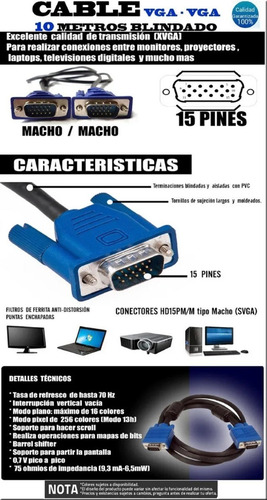 Cable Vga A Vga Macho 1.5 Metros Blindado Proyector Pc Lap