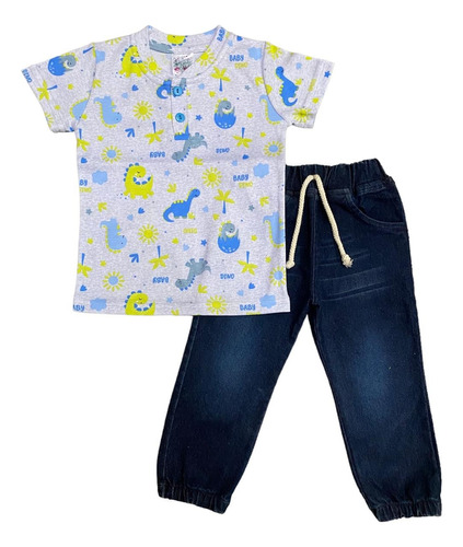 Conjunto Para Niño Playera Dinosaurios Y Pantalón Mezclilla