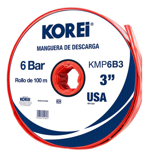 Manguera Plana De Descarga Korei 3 X 100 Mts 6bar - Kmp6b3 Color Verde