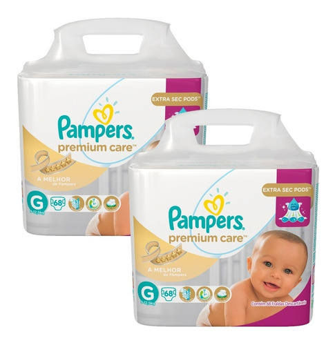 Kit Com 2 Fraldas Pampers Premium Care Jumbo- Até 168 Tiras