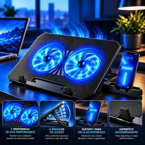 Base Suporte Para Pc Notebook Alumínio Portátil Articulado Dobrável Tablet Laptop Mesa Davely Cor Preto Com Ventoinhas E Suporte Para Celular Refrigerada 2 Cooler Gamer Confortável Home Office: imagem 4