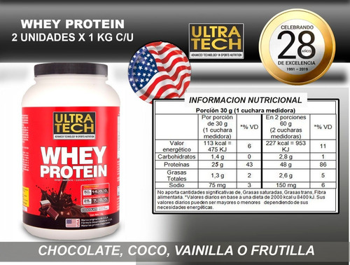 Whey Protein Ultra Tech Promo 2 Potes X 1 Kg C/u + Shaker De Regalo Proteína De Suero Alta Concentración