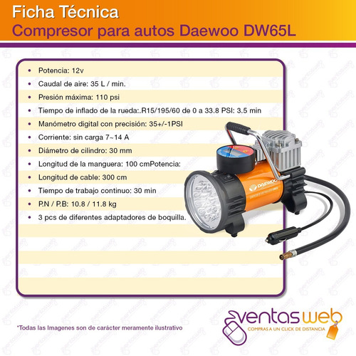 Imagen 3 de 4 de Mini Compresor Inflador Linterna Led Daewoo 110 Psi Digital