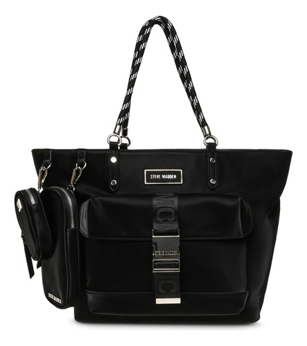 Bolsa Tote Bsecure Steve Madden Para Dama Acabado de los herrajes Níquel Color Negro Correa de hombro Negro Diseño de la tela Liso