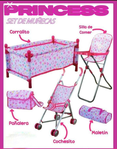 Set De Muñecas Para Niña 5 Piezas Ideal Coche Sillita Prince