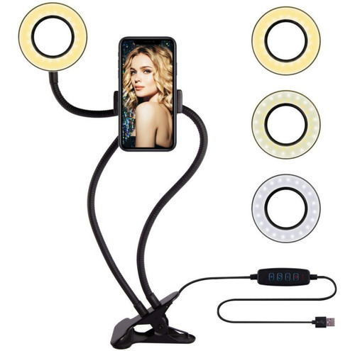 Aro Luz Led 3 Tonos + Soporte P/celular Flexible Con Pinza 