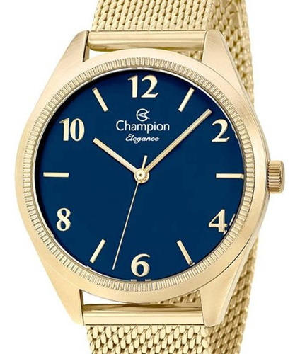 Relógio Champion Feminino Dourado Elegance Com Fundo Azul