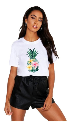 Polera Dama Estampada 100%algodon Diseño Piña Con Flores 312