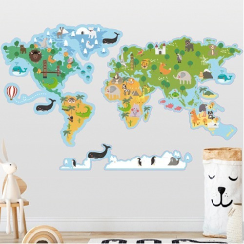 Imagen 1 de 3 de Vinilos Decorativos Planisferio Mapa Infantil Animales Mundo