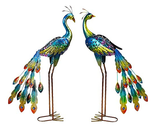 2 Pack Solar Peacock Garden Decor, Metal Peacocks Figur...