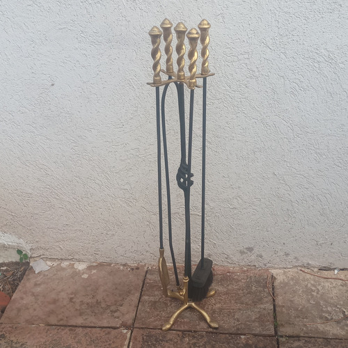 Juego De Herramientas De Chimenea En Hierro Y Bronce