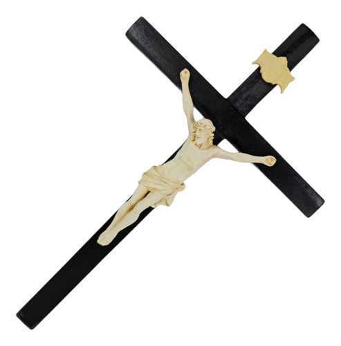 Imagem 2 de 3 de Crucifixo Tradicional 36cm Madeira Imagem Resina Cor Marfim