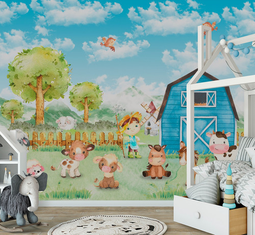 Papel De Parede Fazenda Infantil Animais Cavalos 5m² Vr695