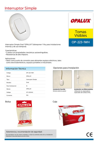 Interruptor Simple Oval Op-223-1wh Opalux Mihaba