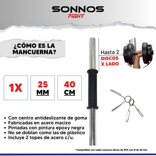 Mancuerna Maciza + 10 Kg 4x2.5kg Discos Pvc + Topes Sonnos