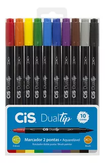 Kit Estojo 10 Caneta Pincel Dual Tip Brush Pen Fineliner Cis