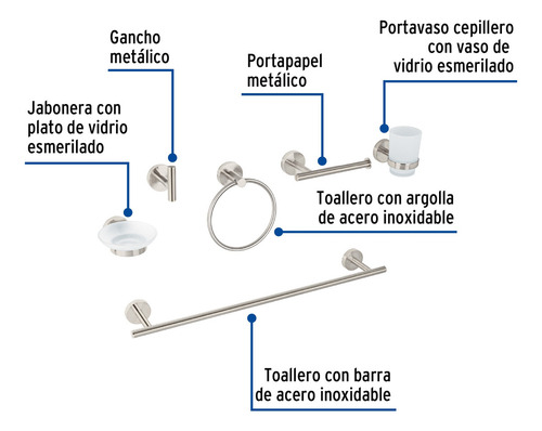 Juego De Accesorios Para Baño, 6 Pzas. Foset Tba-7000n Satín