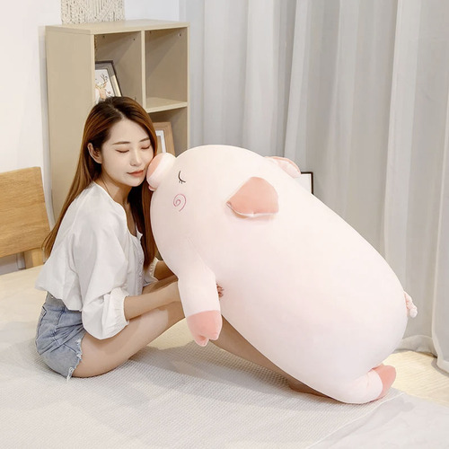 Peluche Almohada Cerdito Dormido 80cm Super Suave Color Rosa Pálido