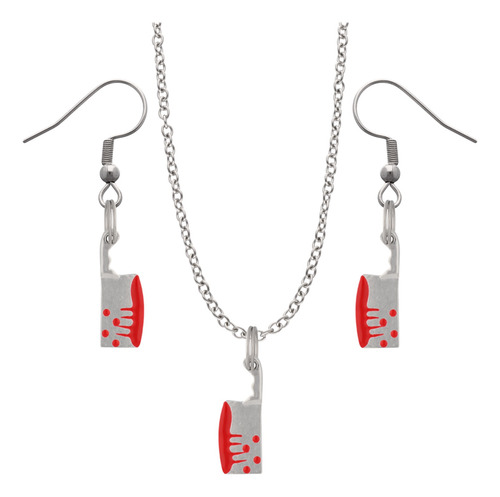 Kit Collar Y Aretes Cuchillo Hacha Sangre Dije Cadena Acero Plateado Cuchillo Carnicero Sangre
