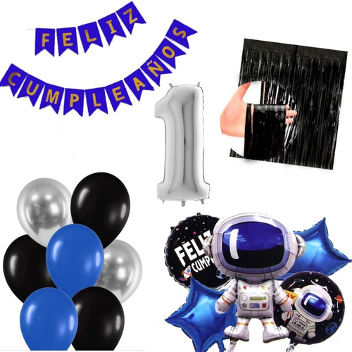 Combo Deco Astronauta Globo 3d 65cm Feliz Cumpleaños 