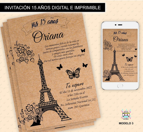 Invitación 15 Años Eifel Tarjeta Digital E Imprimible M2
