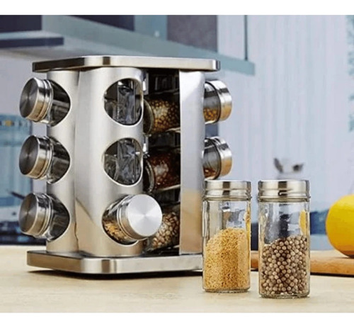 Porta Temperos Giratório Inox 13 Peças Com 12 Potes De Vidro
