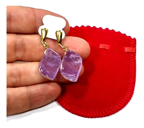 Imagem 2 de 2 de Brincos De Pedra Ametista Natural 4cm Folheado A Ouro R488