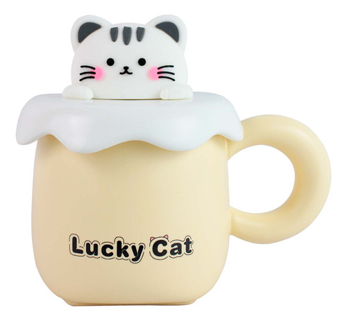 Taza Gato De Ceramica Tapa Y Cuchara Kawaii Kitten Tc-9 Color Amarillo Ym6430