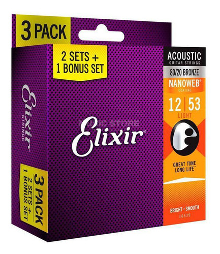 Kit Corda Violão Aço Elixir 012 053 80/20 Leve 3 Pague 2