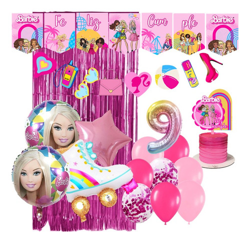 Combo Globos Barbie Número 40cm + Estrella + Patín + Cortina