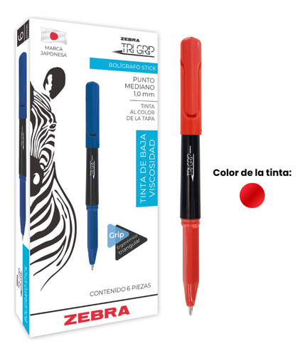 Zebra Bolígrafo Tri-grip Triangular Punto 1,0mm Caja 6 Pzs. Rojo Rojo
