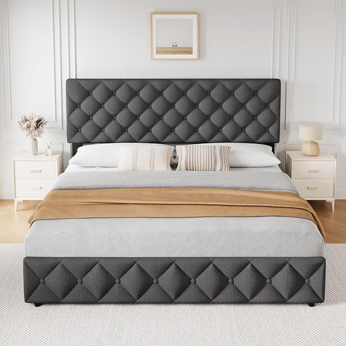 Base De Cama Idealhouse King Size Tapizada En Lino Grey