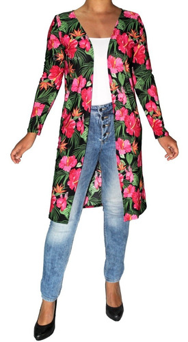 Sobretodo Kimono Largo Ajustado Cardigan Flores Mujer Moda