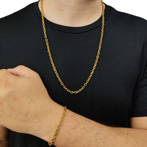 Cordão Corrente E Pulseira Cadeado 4mm 100% Moeda Antiga Cor Dourado