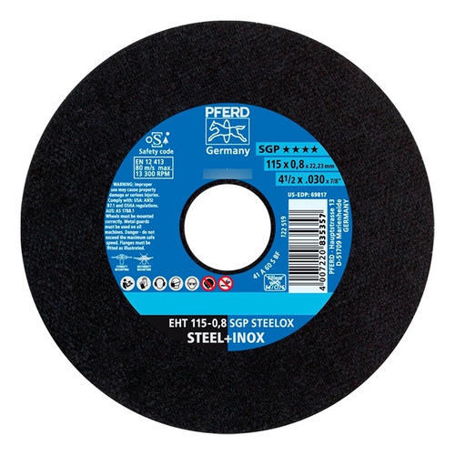 Disco De Corte Pferd 115 Mm X 0,8 Inox Caja 25 U. Negro