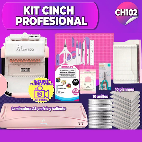Kit Encuadernadora Cinch Rosada + Herramientas Ch102