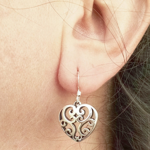 Aretes Corazón Con Gancho Plata Sólida .925 Sterling