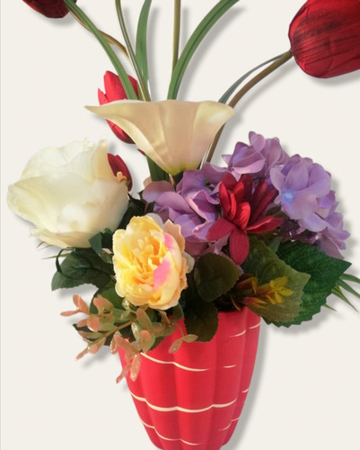 Arreglo Tulipanes Rojos, Hortencias Lilas Y Rosas Artificial