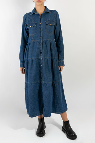 Vestido Camisero De Jean Largo Manga Larga Denim Talles
