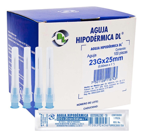 Aguja HiPodérmica Calibre 23g X 25 Azul Caja Con 100 Agujas Capacidad En Volumen 1 Ml