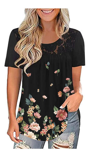 Mujer Encaje Empalme Verano Manga Corta Camisa Color Floral