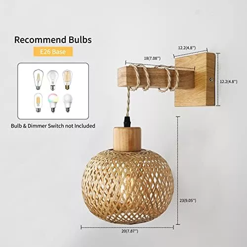 Frideko - Lámpara de pared de ratán con cable de enchufe, tejida a mano,  apliques de pared de cuerda de papel, aplique de pared de granja, lámpara  de