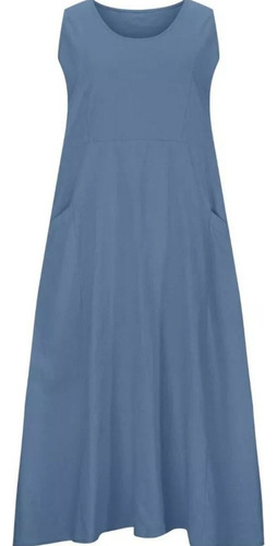 Vestido Casual De Mujer Color Liso Sin Mangas Algodón Lino