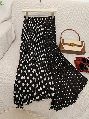 Falda Midi De Lunares Para Mujer, Plisada En A, Versátil