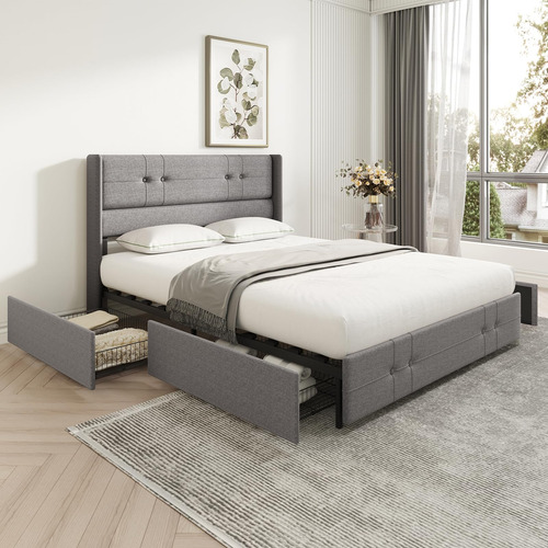 Novilla Base De Cama Tapizada Tamano Queen Con 4 Cajones De 