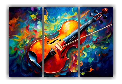 105x70cm Conjunto 3 Cuadros Tela Relieve Violín Coloridos